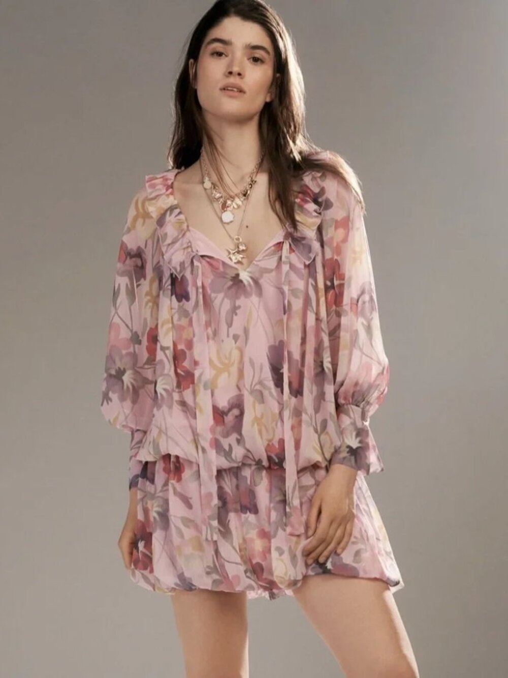 Mare Mare Anthropologie Floral Mini Dress Bubble Hem Chiffon Romantic Size Small